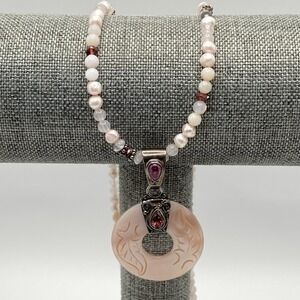 Sajen Sterling Silver Necklace Vintage Ruby Garnet MOP 20"